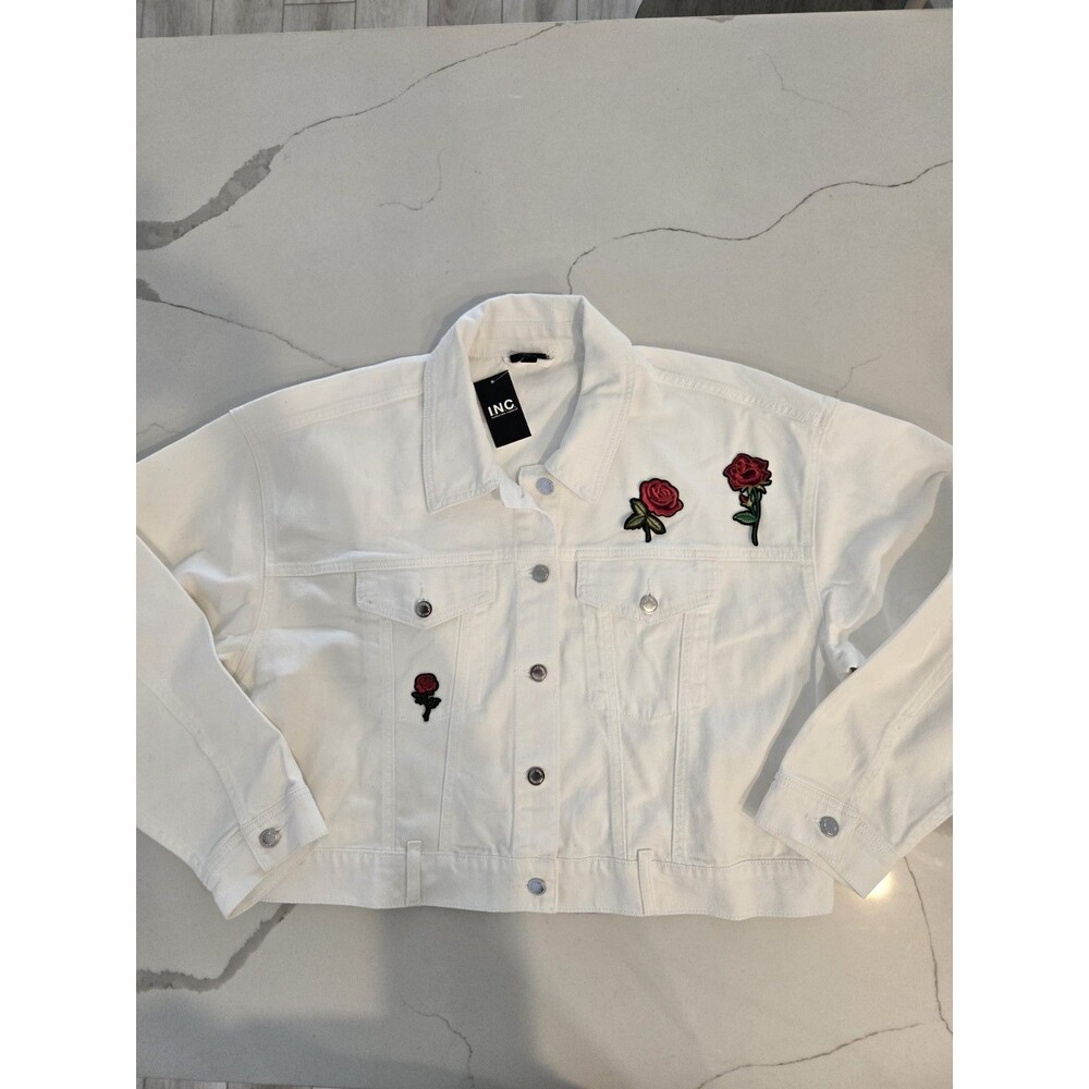 INC International Concepts Embroidered Roses White Denim Trucker Jacket NWT